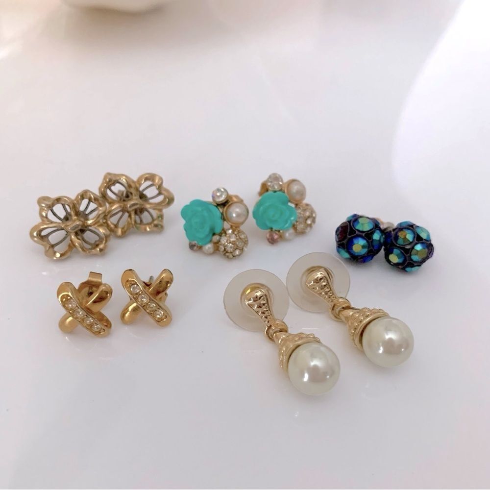 Gold Post Studs Earrings Lot Faux Pearl Rhinestone